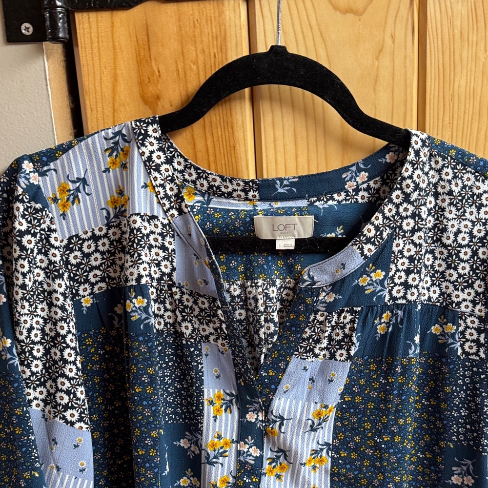 LOFT Blue and White Floral Patchwork Blouse - Picture 3 of 4